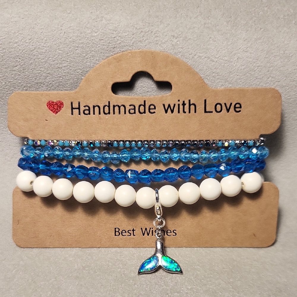 Blue and White Beaded Bracelet Set